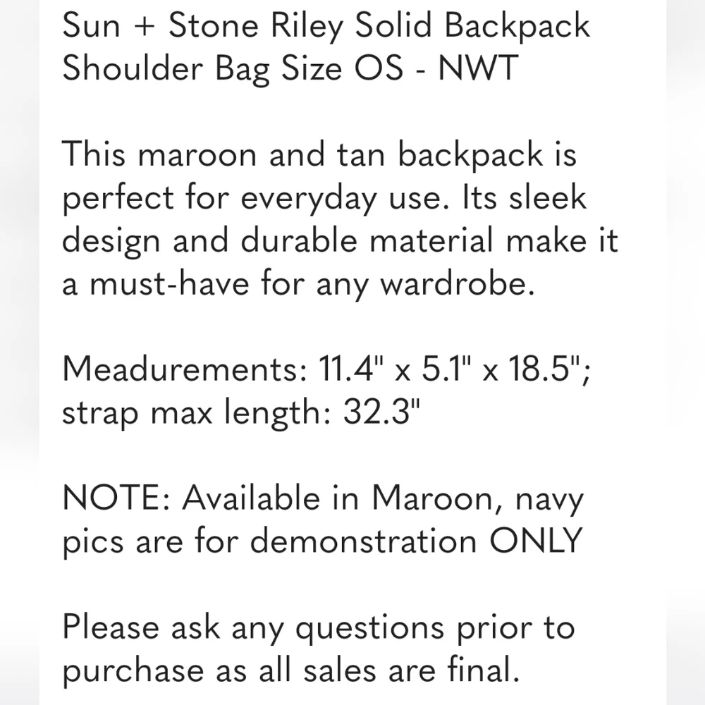 Sun + Stone Riley Solid Backpack Shoulder Bag Maroon Size OS - NWT